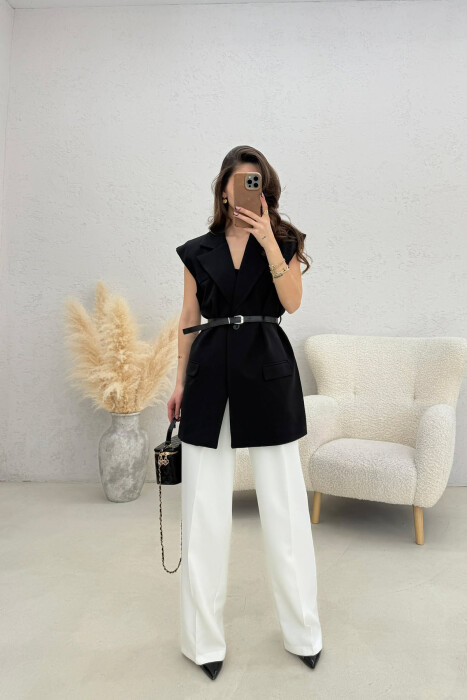 ONE COLOR BELT DETAIL WOMEN VEST BLACK/ E ZEZE 