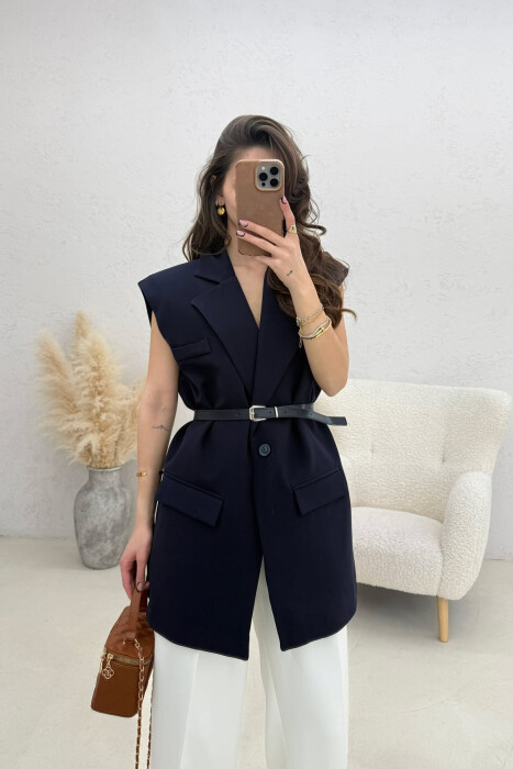 ONE COLOR BELT DETAIL WOMEN VEST BLUE/BLU 