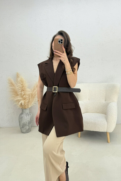 ONE COLOR BELT DETAIL WOMEN VEST BROWN/KAFE - KLAUDIO FASHION