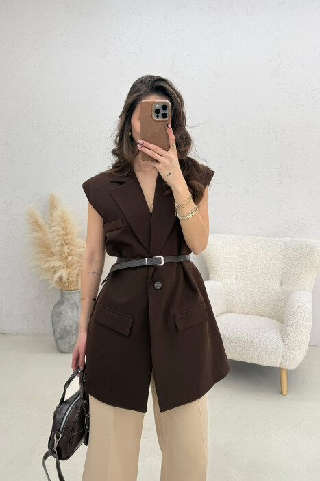 ONE COLOR BELT DETAIL WOMEN VEST BROWN/KAFE 