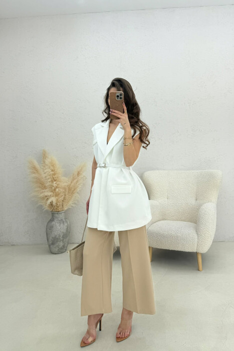 ONE COLOR BELT DETAIL WOMEN VEST WHITE-E BARDHE - 3
