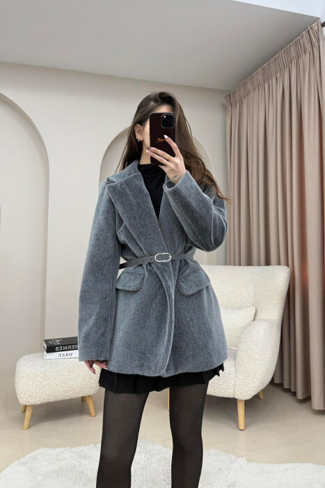 ONE COLOR BELT DETAILED WOMAN JACKET GREY/GRI - 2