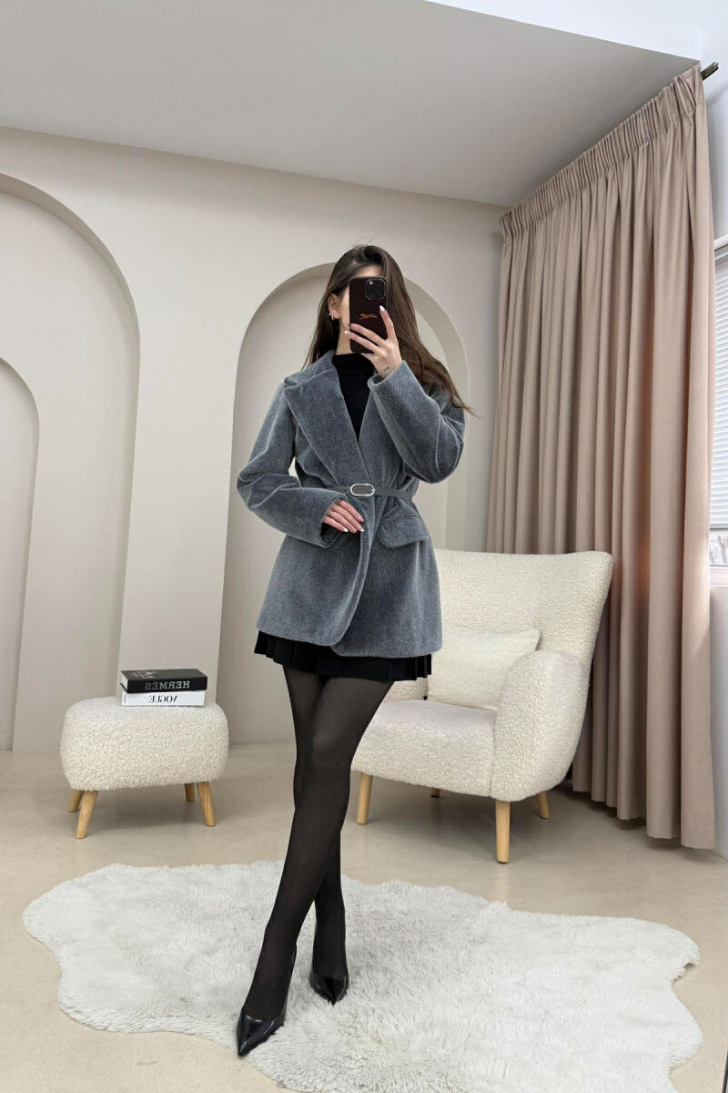 ONE COLOR BELT DETAILED WOMAN JACKET GREY/GRI - 3