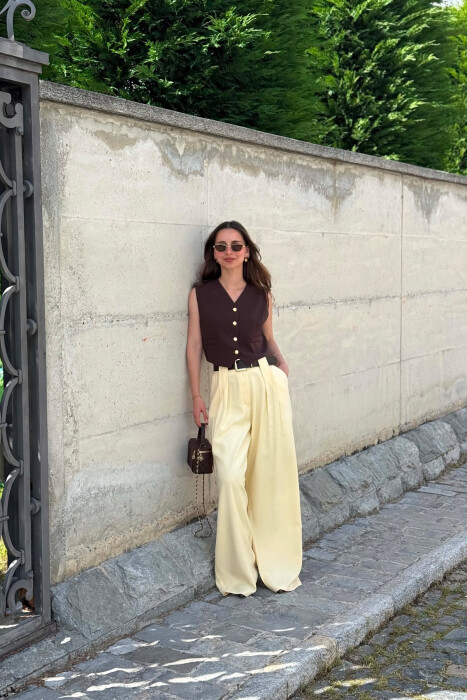 ONE COLOR BELT DETRAIL WOMAN TROUSERS YELLOW/E VERDHE - KLAUDIO FASHION