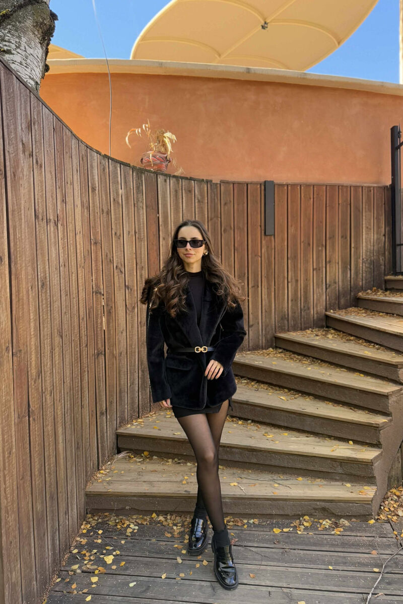 ONE COLOR BELTED FAUX WOMEN COAT BLACK/ E ZEZE - 1