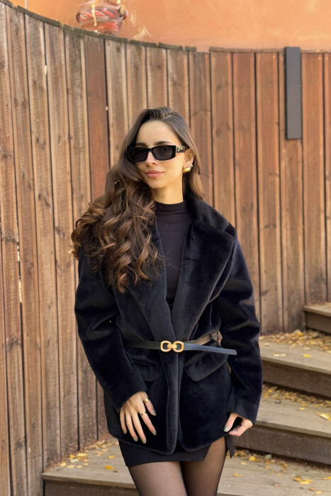 ONE COLOR BELTED FAUX WOMEN COAT BLACK/ E ZEZE - 2