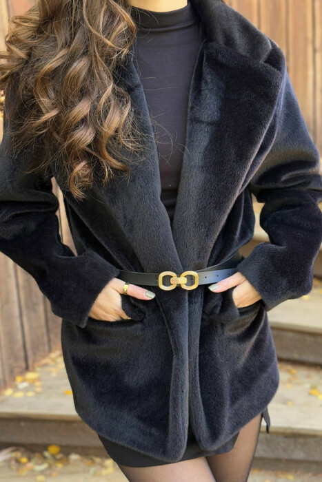 ONE COLOR BELTED FAUX WOMEN COAT BLACK/ E ZEZE - 3