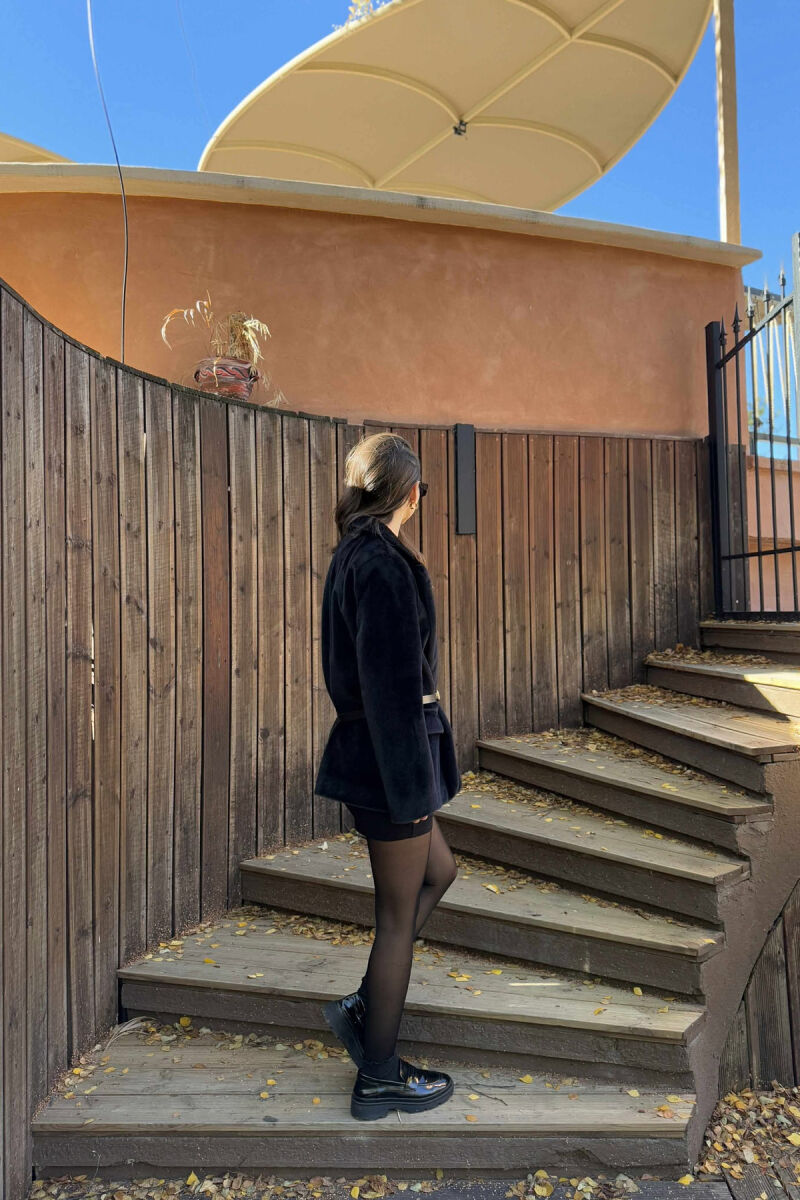 ONE COLOR BELTED FAUX WOMEN COAT BLACK/ E ZEZE - 4