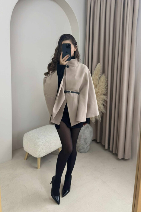 ONE COLOR BELTED WOMEN CAPE COAT BEIGE/BEZHE - 2