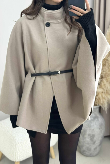 ONE COLOR BELTED WOMEN CAPE COAT BEIGE/BEZHE - 5