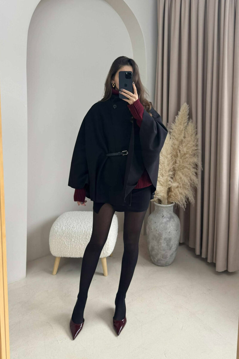 ONE COLOR BELTED WOMEN CAPE COAT BLACK/ E ZEZE - 2