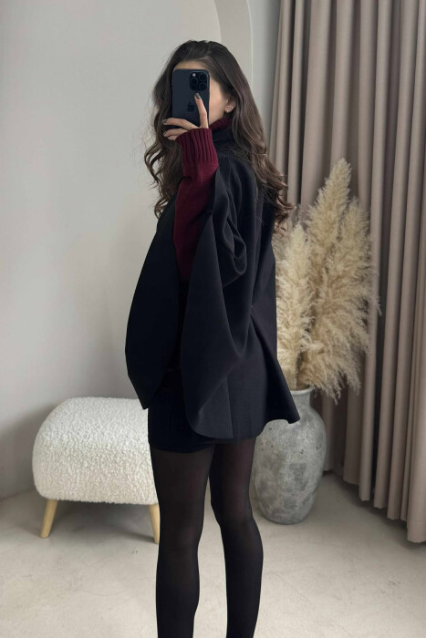 ONE COLOR BELTED WOMEN CAPE COAT BLACK/ E ZEZE - 4