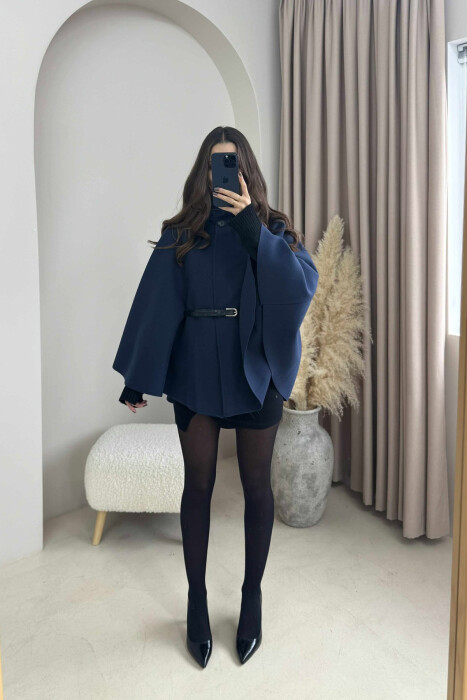 ONE COLOR BELTED WOMEN CAPE COAT BLUE/BLU - 1