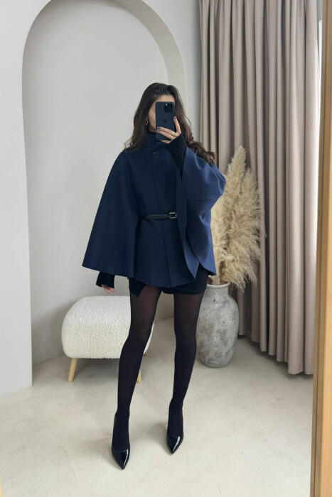 ONE COLOR BELTED WOMEN CAPE COAT BLUE/BLU - 2