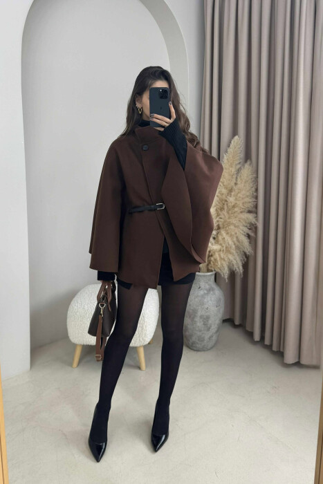ONE COLOR BELTED WOMEN CAPE COAT BROWN/KAFE 
