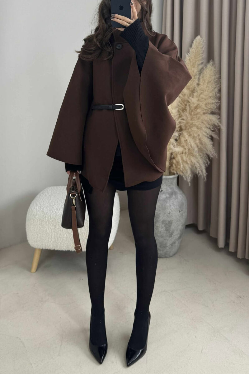 ONE COLOR BELTED WOMEN CAPE COAT BROWN/KAFE - 5