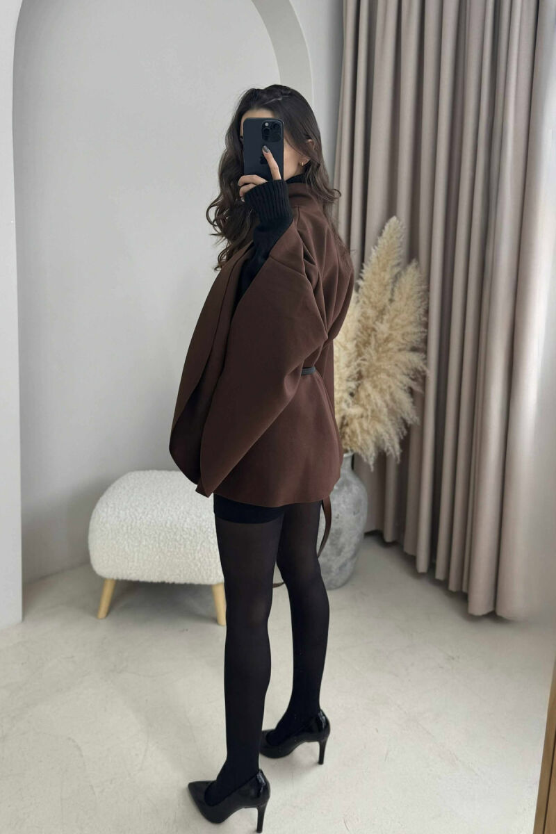 ONE COLOR BELTED WOMEN CAPE COAT BROWN/KAFE - 4