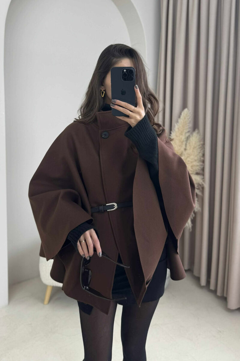 ONE COLOR BELTED WOMEN CAPE COAT BROWN/KAFE - 2