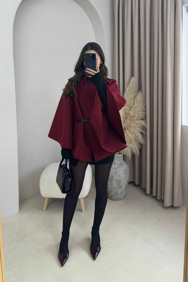 ONE COLOR BELTED WOMEN CAPE COAT BURGUNDY/VISHNJE - 1