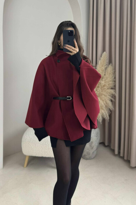 ONE COLOR BELTED WOMEN CAPE COAT BURGUNDY/VISHNJE - 4