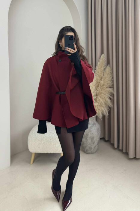 ONE COLOR BELTED WOMEN CAPE COAT BURGUNDY/VISHNJE - 2