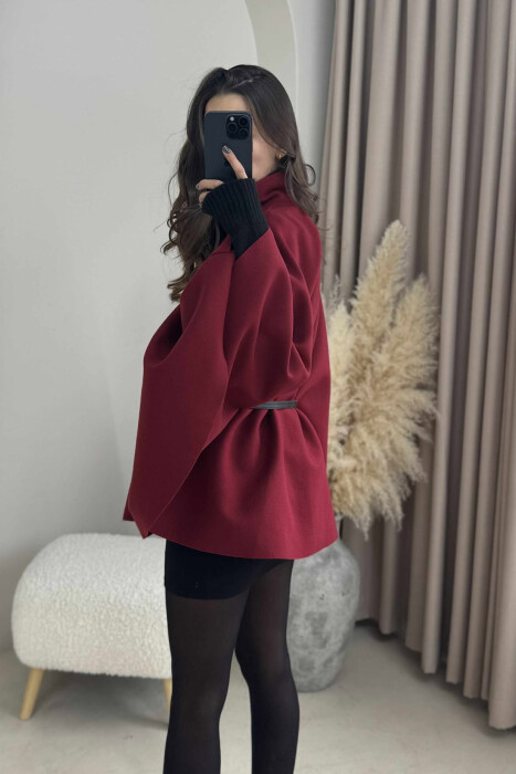 ONE COLOR BELTED WOMEN CAPE COAT BURGUNDY/VISHNJE - 5
