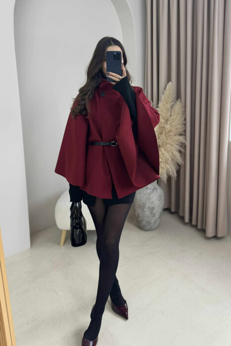 ONE COLOR BELTED WOMEN CAPE COAT BURGUNDY/VISHNJE - 3