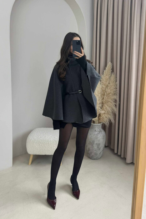 ONE COLOR BELTED WOMEN CAPE COAT DARK GREY/GEE - 1