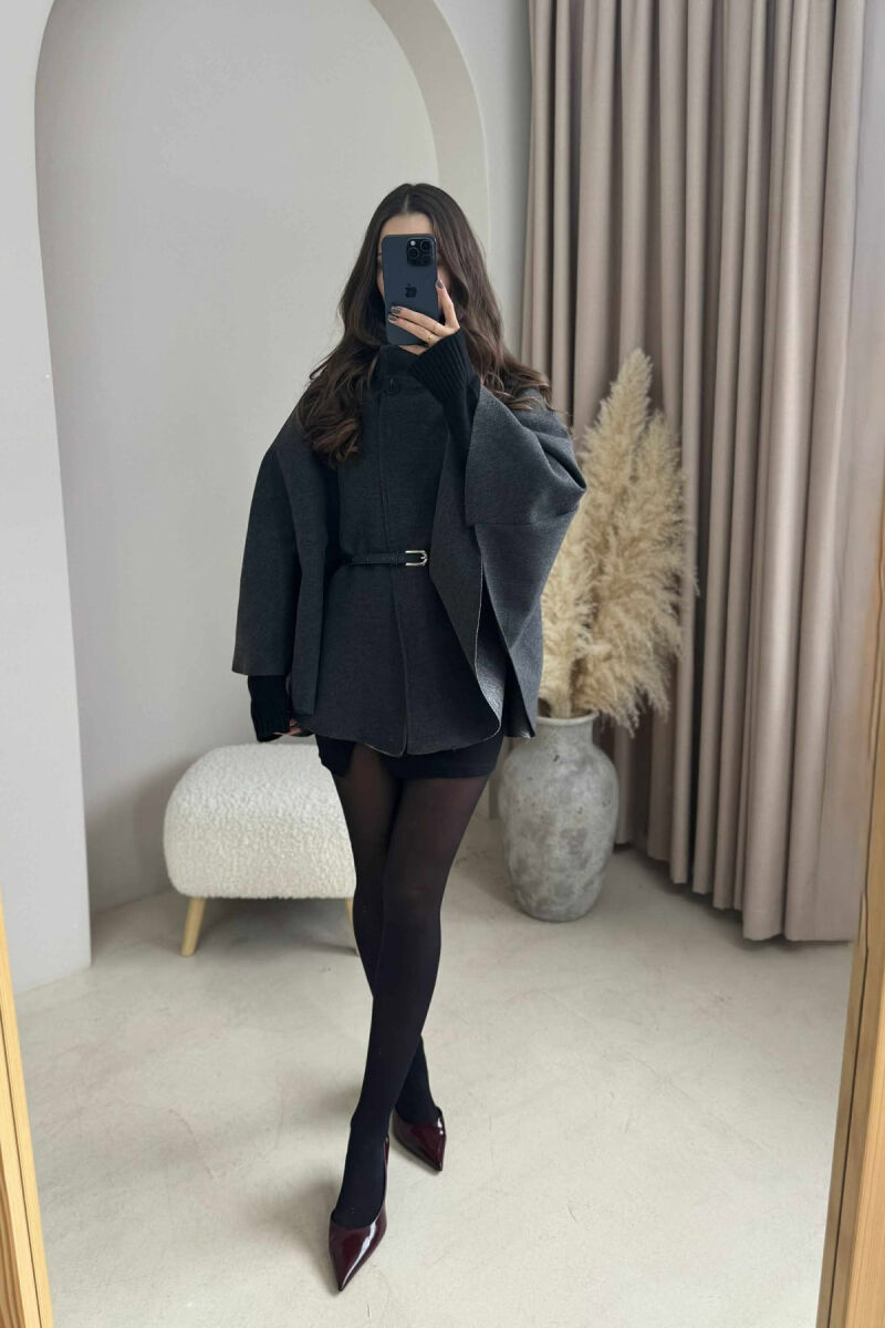 ONE COLOR BELTED WOMEN CAPE COAT DARK GREY/GEE - 2