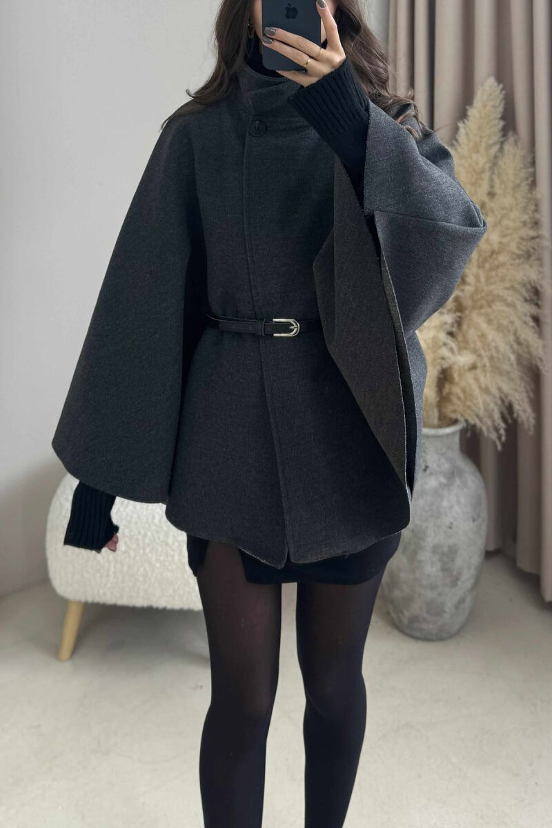 ONE COLOR BELTED WOMEN CAPE COAT DARK GREY/GEE - 4