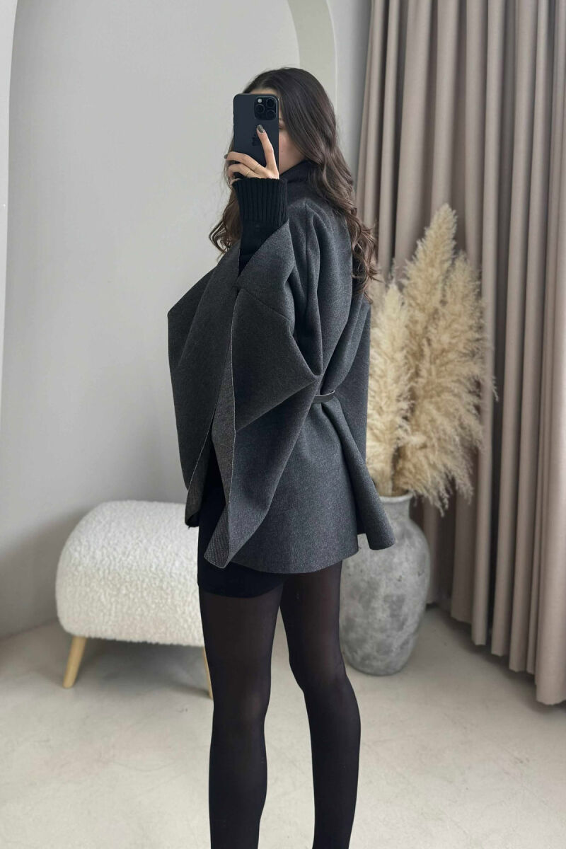 ONE COLOR BELTED WOMEN CAPE COAT DARK GREY/GEE - 3