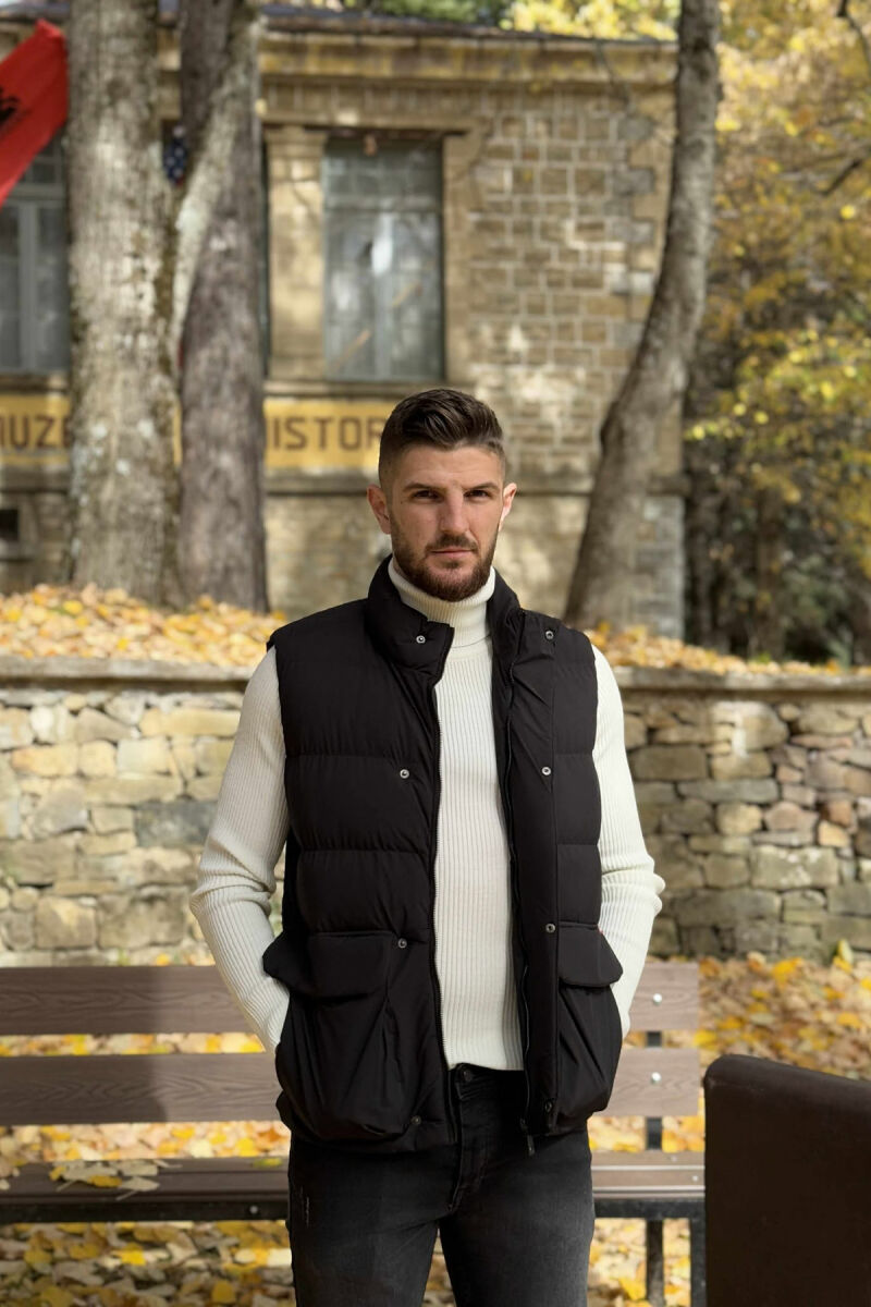 ONE COLOR BIG FRONT POCKETS HIDDEN BUTTON+ZIPPER MEN VEST BLACK/ E ZEZE - 4