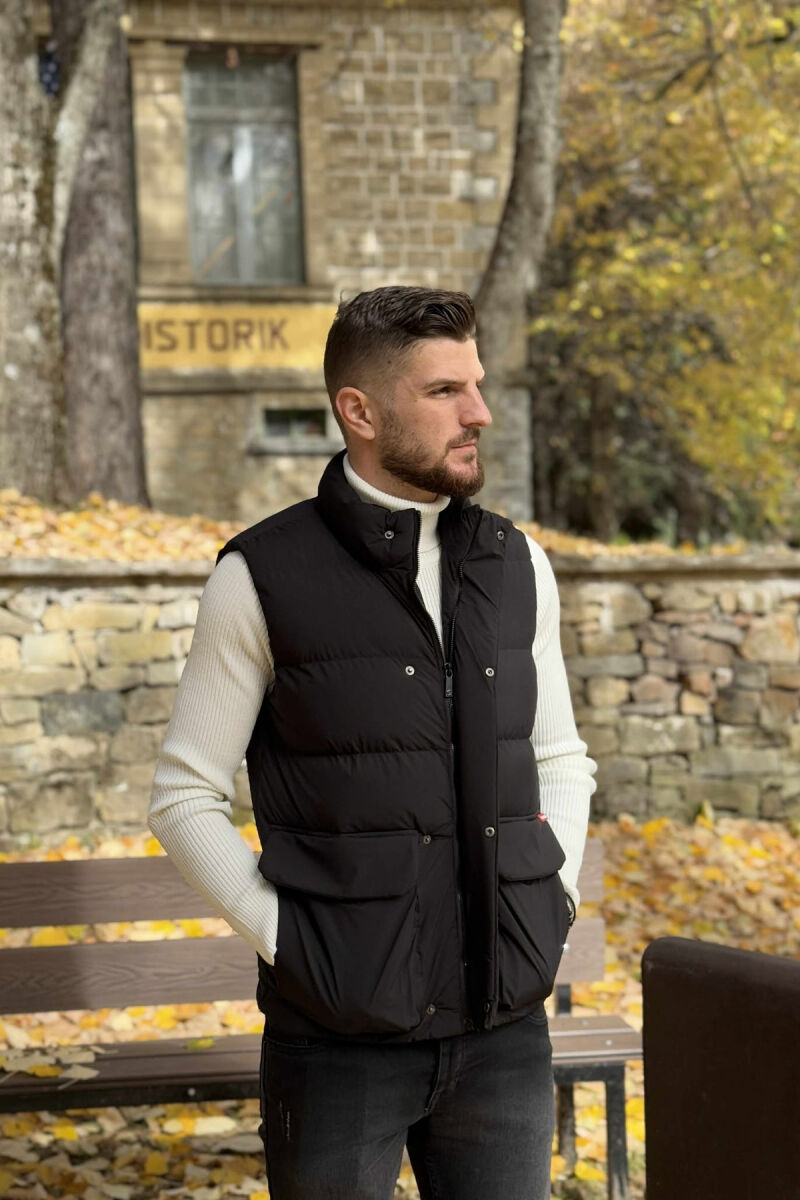 ONE COLOR BIG FRONT POCKETS HIDDEN BUTTON+ZIPPER MEN VEST BLACK/ E ZEZE - 5