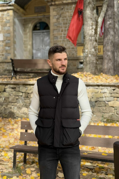 ONE COLOR BIG FRONT POCKETS HIDDEN BUTTON+ZIPPER MEN VEST BLACK/ E ZEZE 