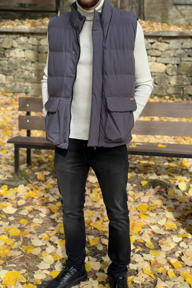 ONE COLOR BIG FRONT POCKETS HIDDEN BUTTON+ZIPPER MEN VEST GREY/GRI - 5