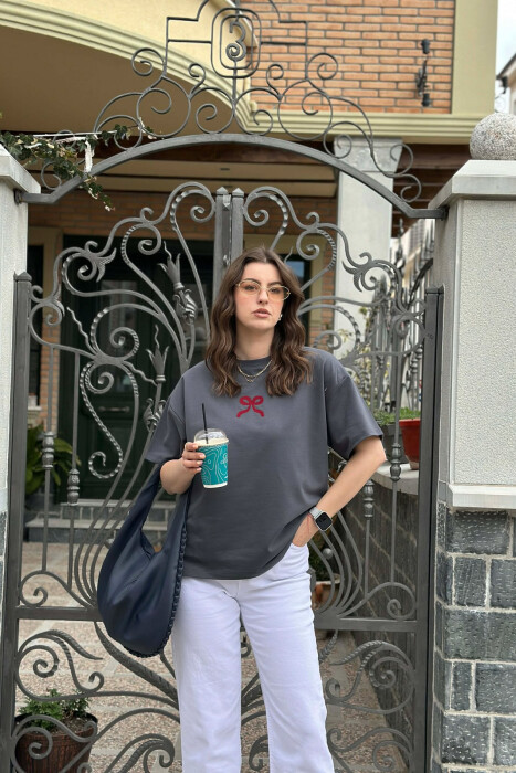 ONE COLOR BOW DESIGN WOMAN T-SHIRT DARK GREY/GEE - 3