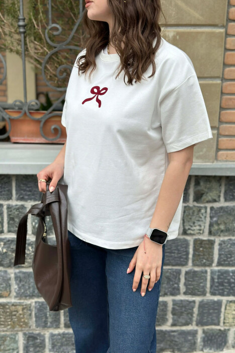 ONE COLOR BOW DESIGN WOMAN T-SHIRT WHITE-E BARDHE - 2