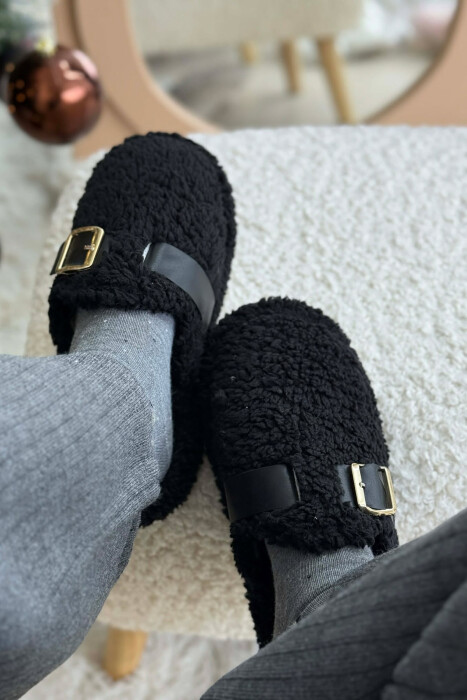 ONE COLOR BUCKLE DETAIL TEDDY WOMAN SLIPPERS BLACK/ E ZEZE - 3
