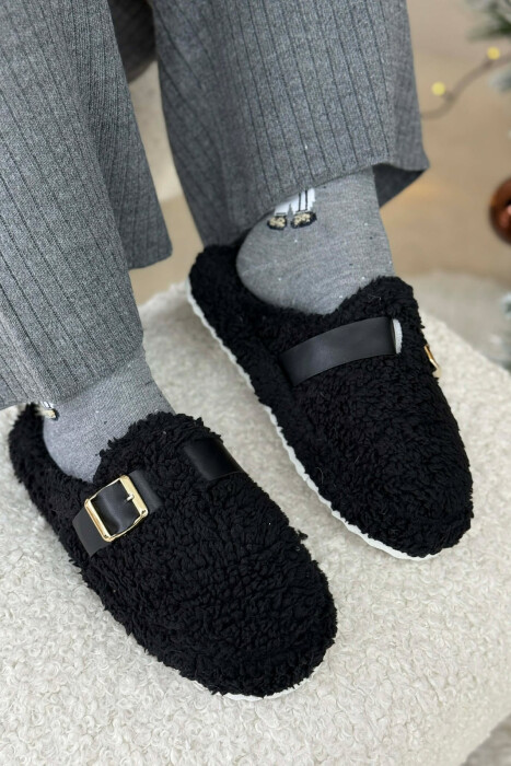 ONE COLOR BUCKLE DETAIL TEDDY WOMAN SLIPPERS BLACK/ E ZEZE - KLAUDIO FASHION