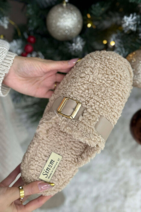 ONE COLOR BUCKLE DETAIL TEDDY WOMAN SLIPPERS DARK BEIGE/BEZHE ERRET - 4