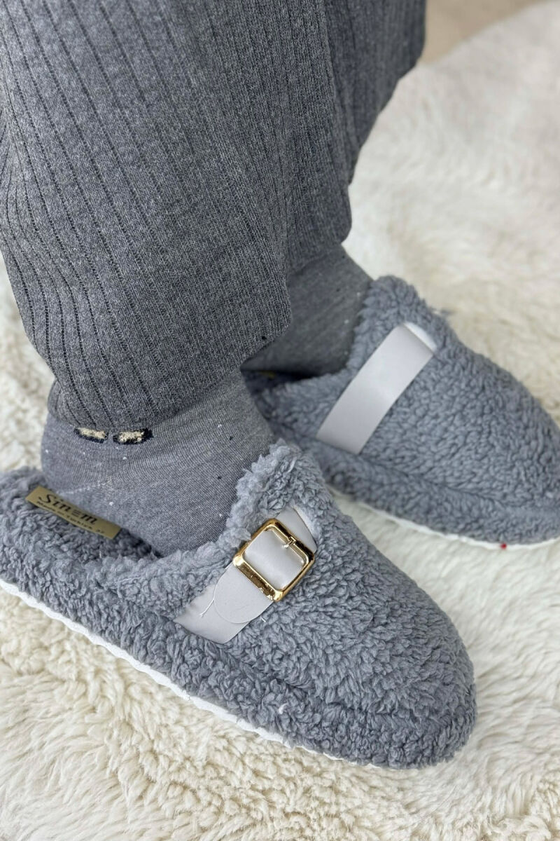 ONE COLOR BUCKLE DETAIL TEDDY WOMAN SLIPPERS DARK GREY/GEE - 4