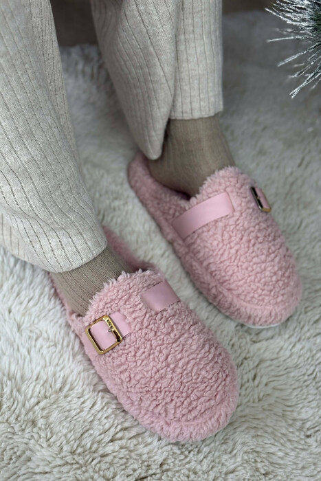 ONE COLOR BUCKLE DETAIL TEDDY WOMAN SLIPPERS POWDER/PUDER - 1