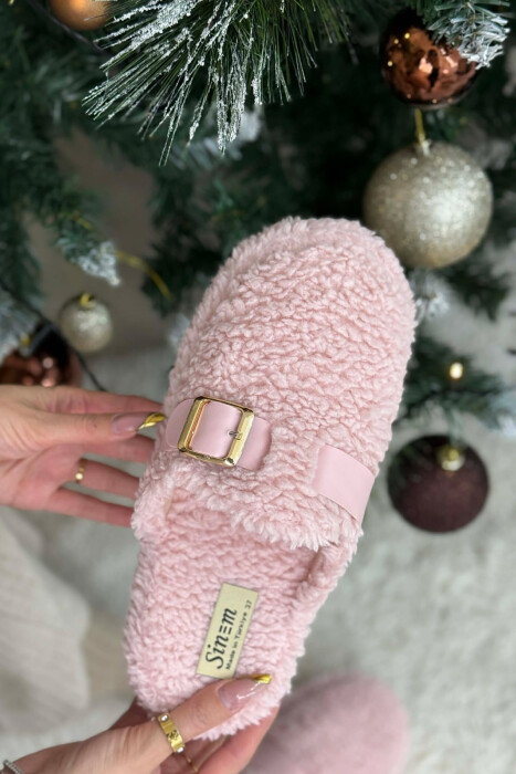 ONE COLOR BUCKLE DETAIL TEDDY WOMAN SLIPPERS POWDER/PUDER - 2