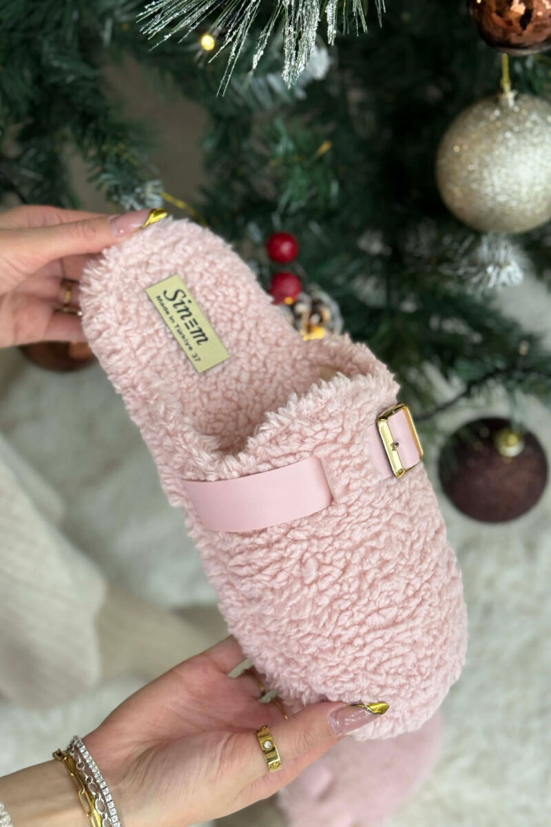 ONE COLOR BUCKLE DETAIL TEDDY WOMAN SLIPPERS POWDER/PUDER - 5