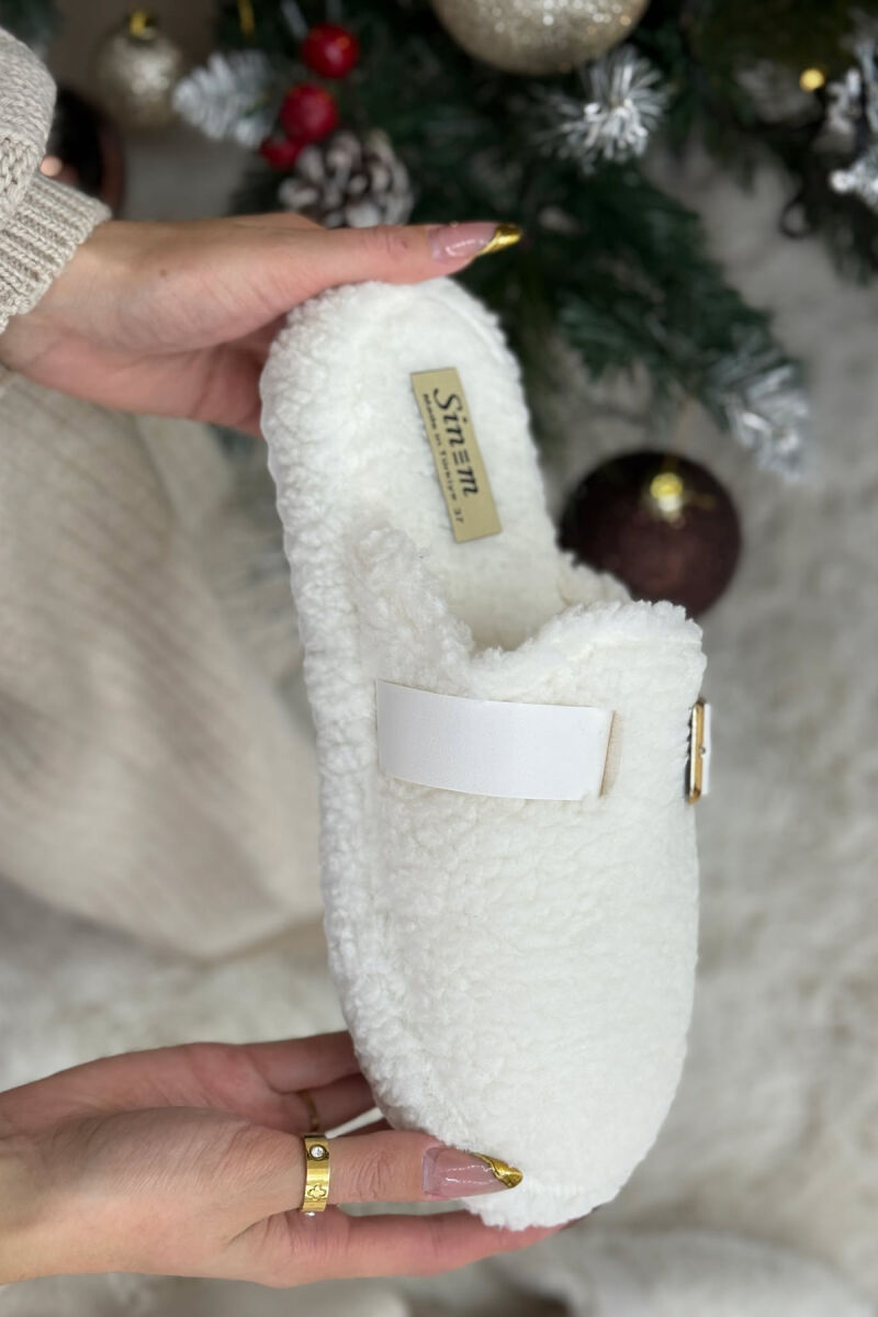 ONE COLOR BUCKLE DETAIL TEDDY WOMAN SLIPPERS WHITE-E BARDHE - 2