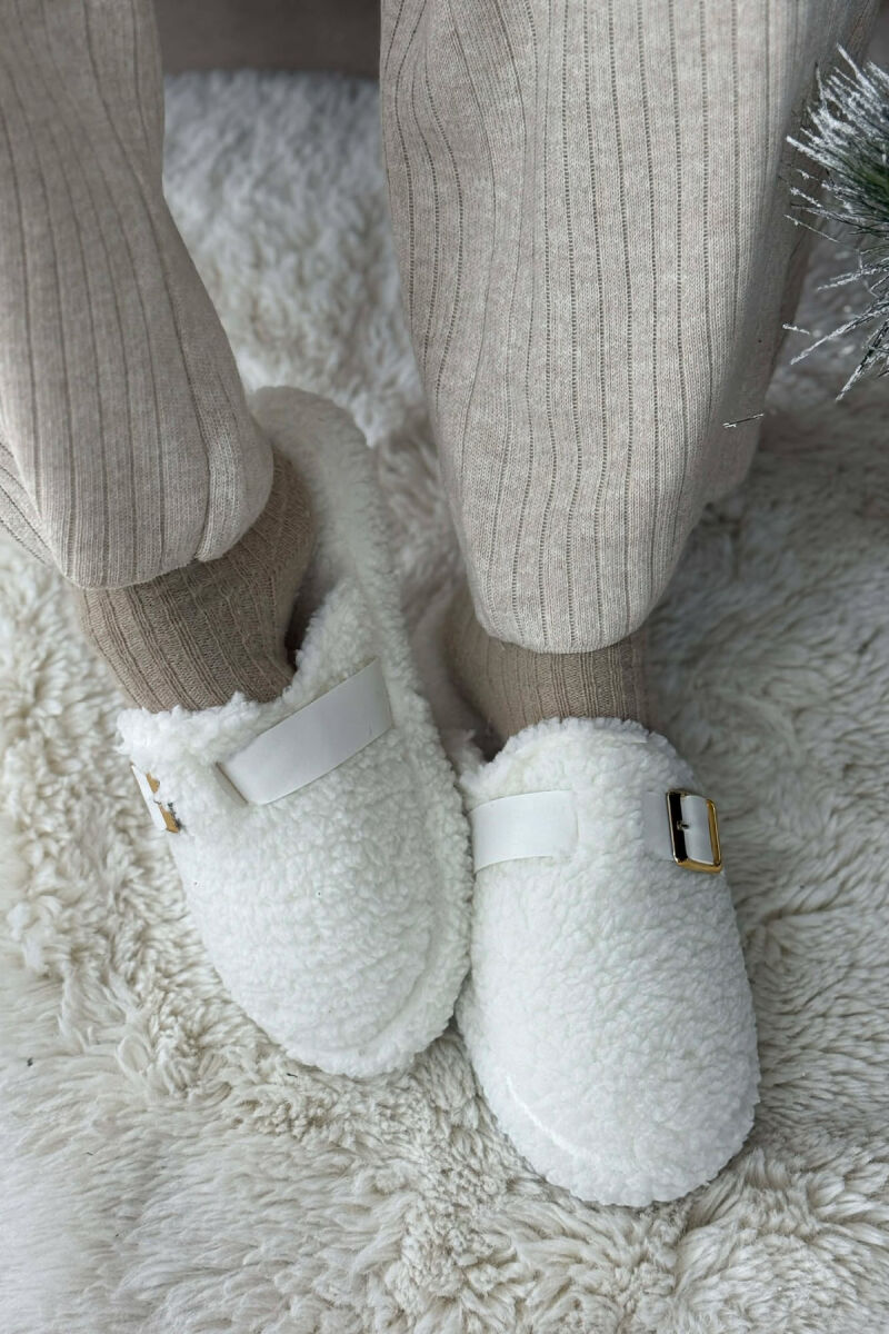 ONE COLOR BUCKLE DETAIL TEDDY WOMAN SLIPPERS WHITE-E BARDHE - 3