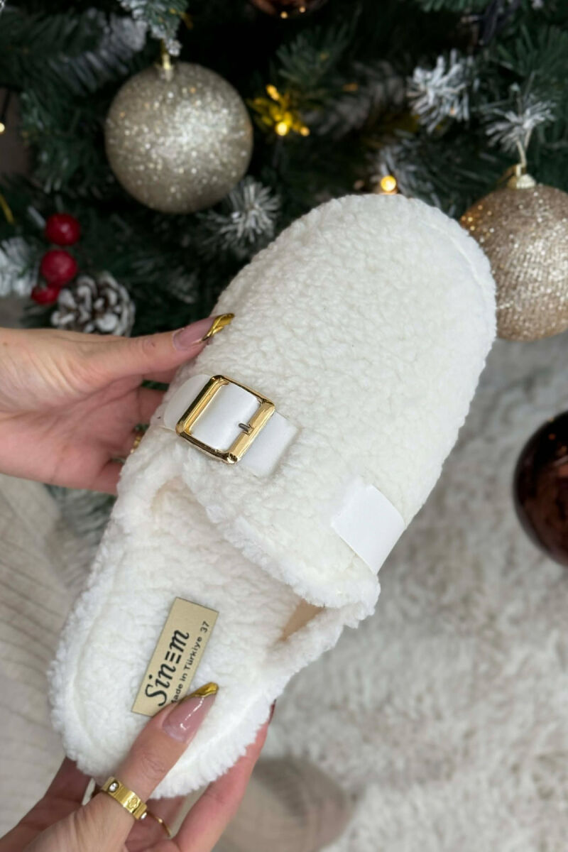 ONE COLOR BUCKLE DETAIL TEDDY WOMAN SLIPPERS WHITE-E BARDHE - 4