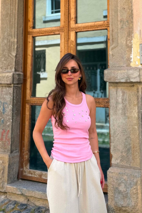 ONE COLOR BUTTON DETAILS WOMAN TANK TOP PINK/ROZE - 2