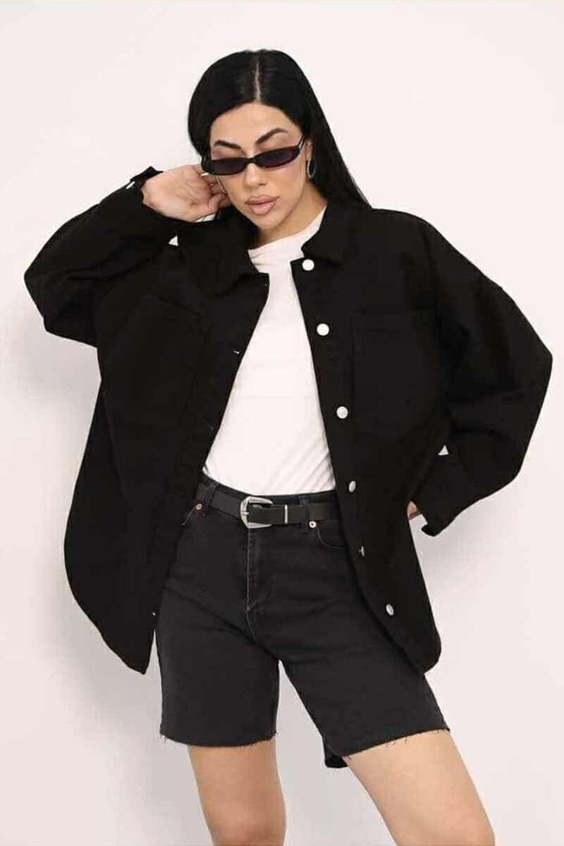 ONE COLOR BUTTON WOMEN DENIM JACKET BLACK/ E ZEZE - 1