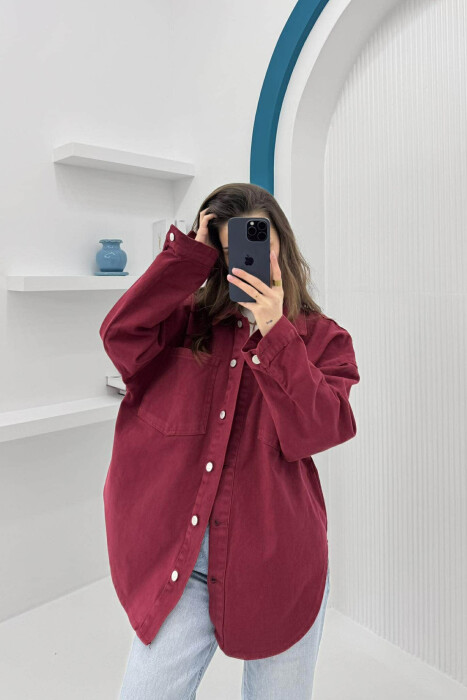 ONE COLOR BUTTON WOMEN DENIM JACKET BURGUNDY/VISHNJE - KLAUDIO FASHION